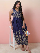 Navy Blue Embroidered Flared Shift Dress - Elganza