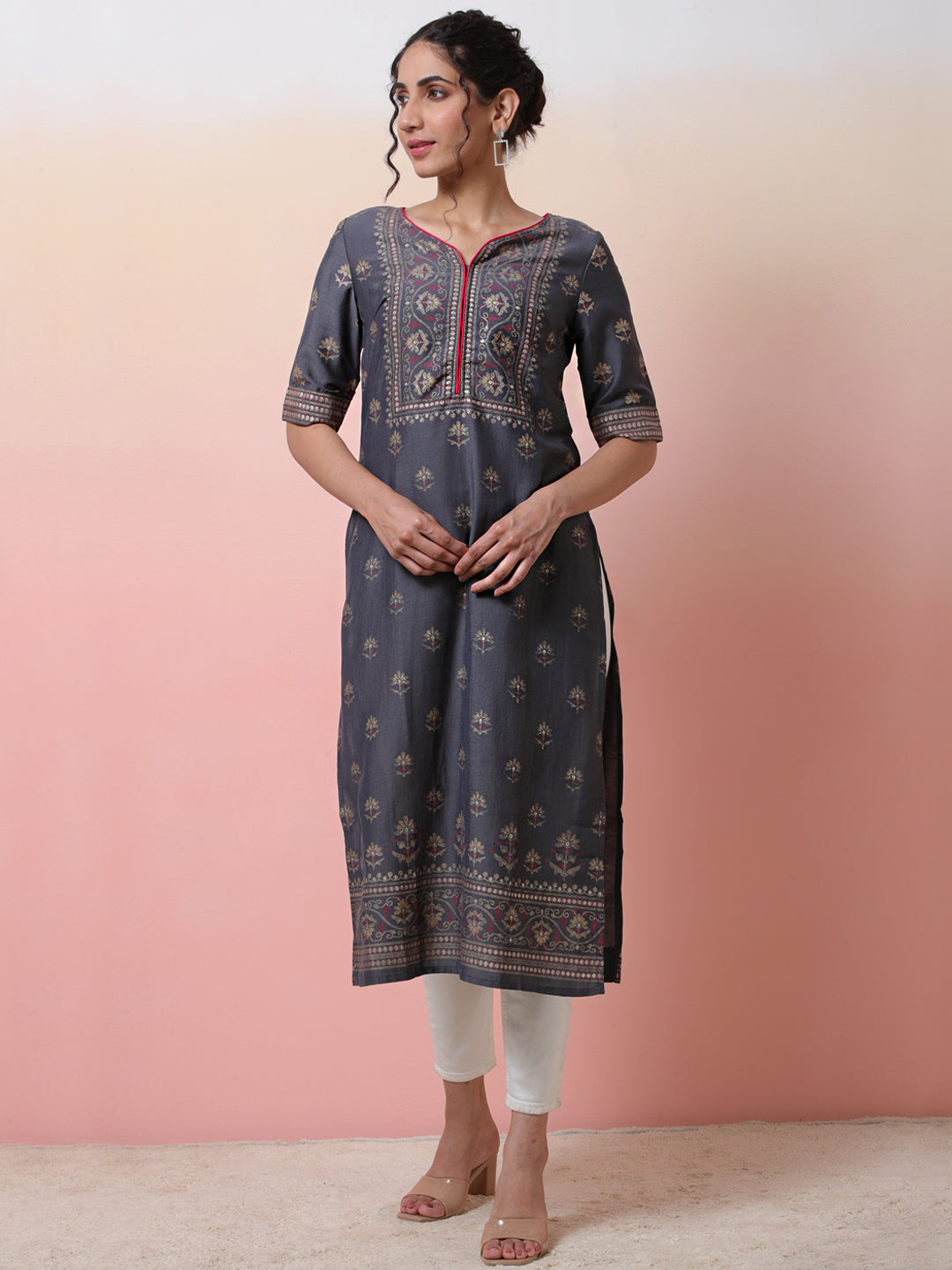 Grey Placement Printed Kurta - Elganza