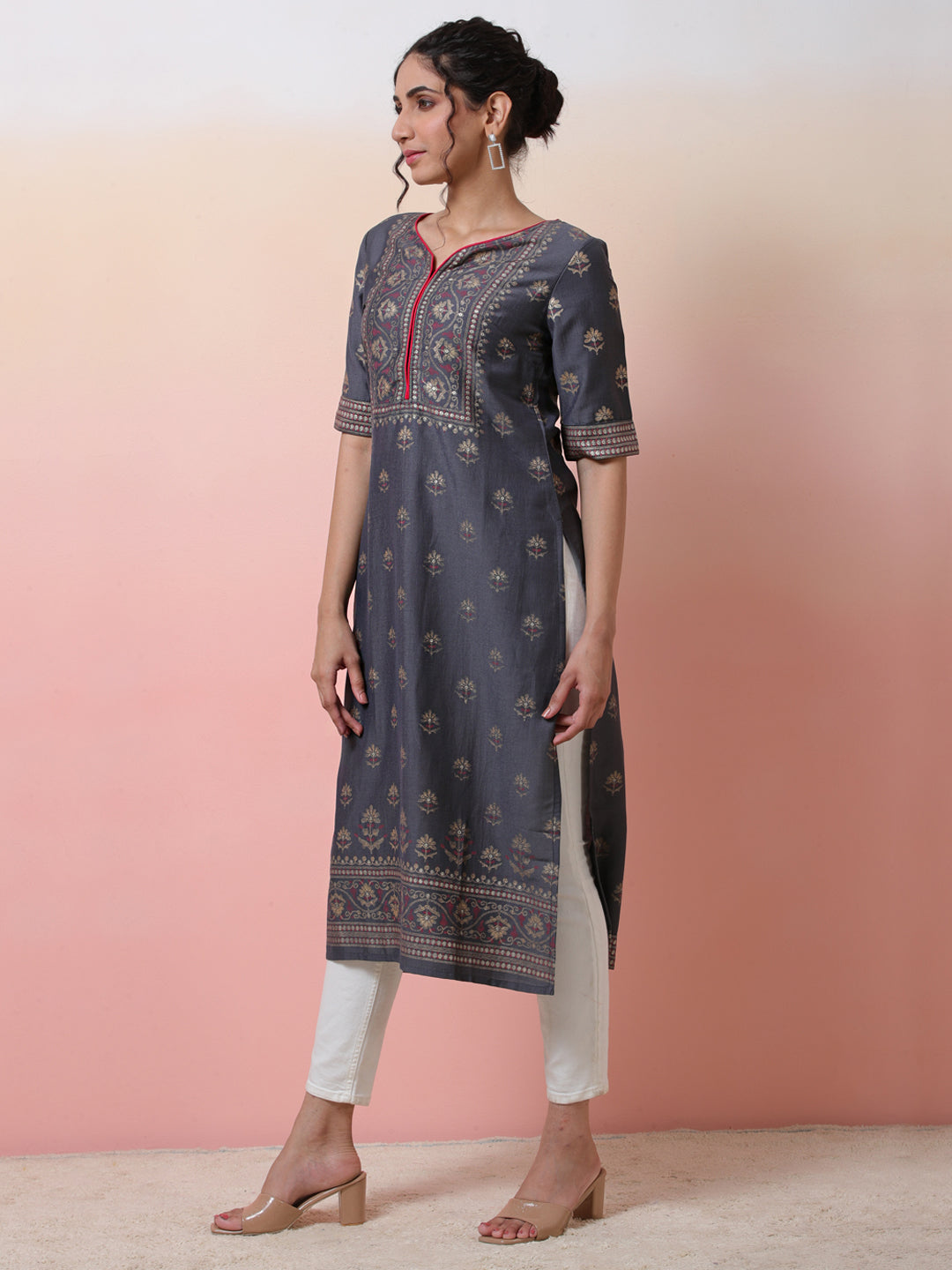 Grey Placement Printed Kurta - Elganza