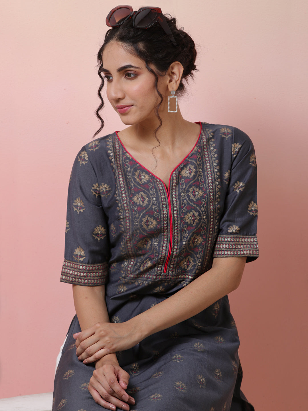 Grey Placement Printed Kurta - Elganza