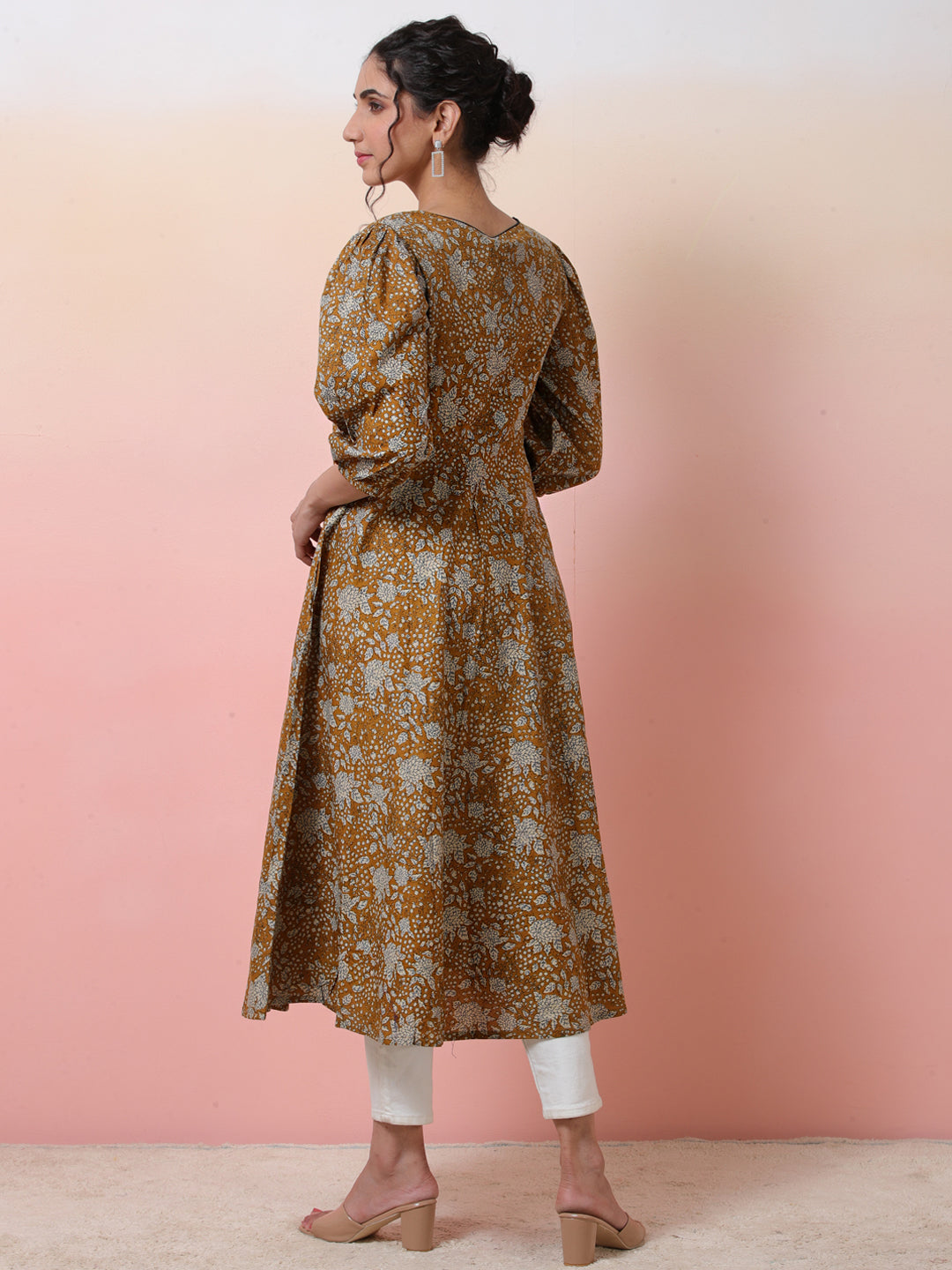 Mustard Floral Print Anarkali - Elganza
