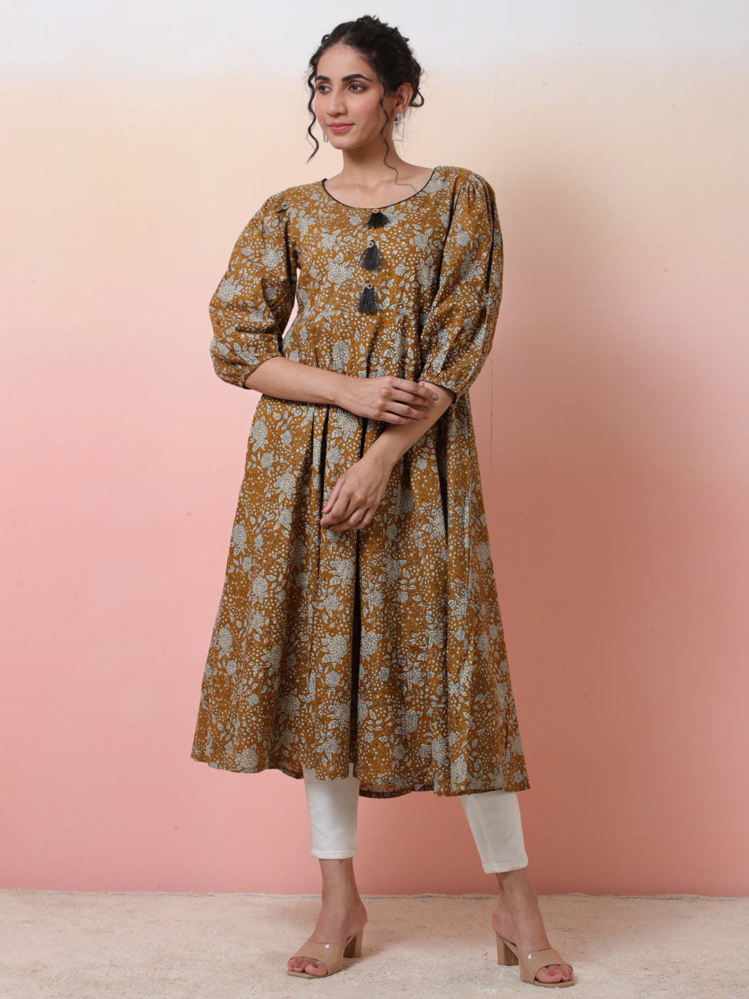 Mustard Floral Print Anarkali - Elganza