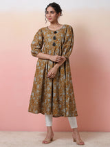Mustard Floral Print Anarkali - Elganza