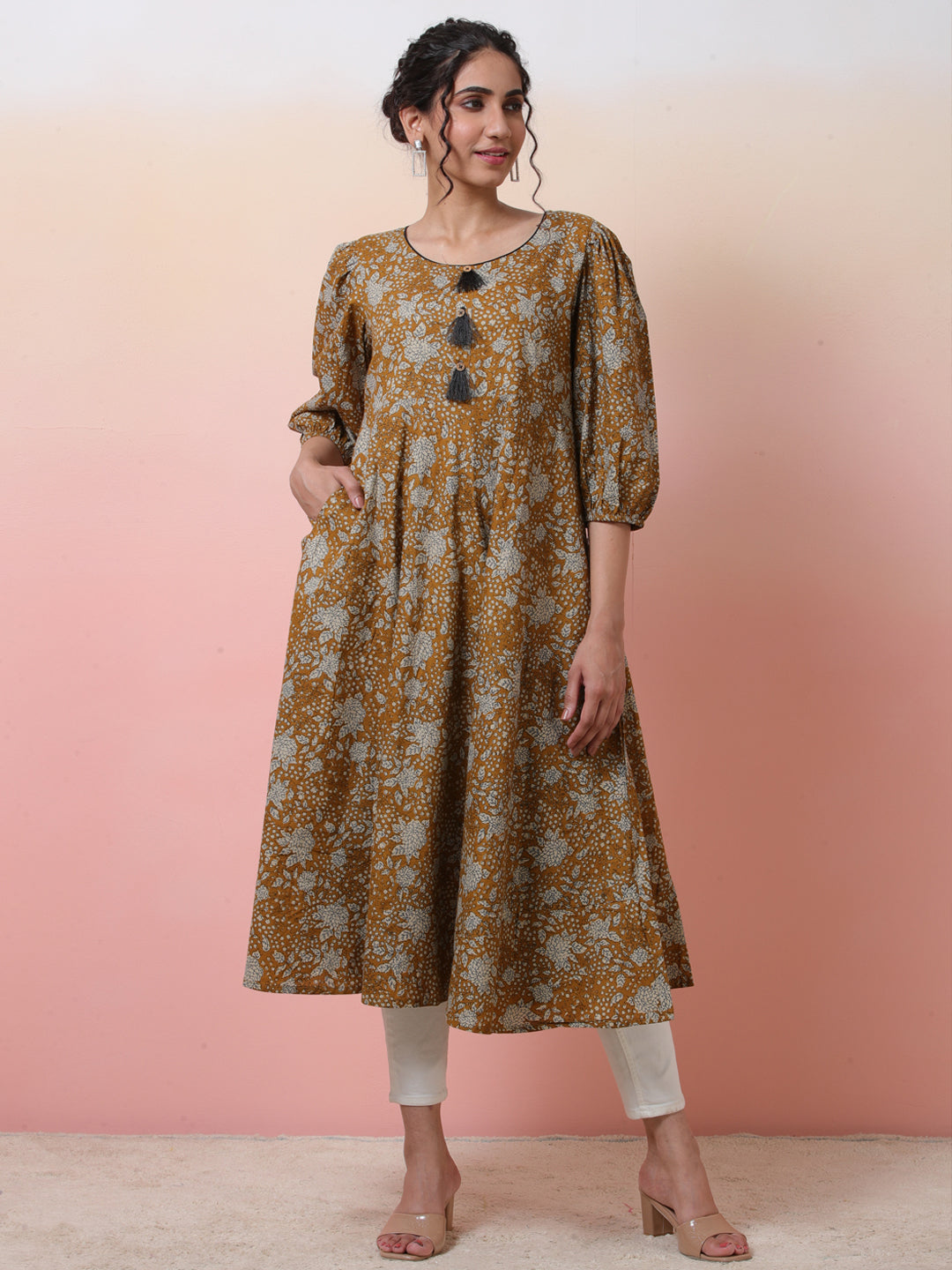 Mustard Floral Print Anarkali - Elganza