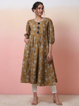 Mustard Floral Print Anarkali - Elganza
