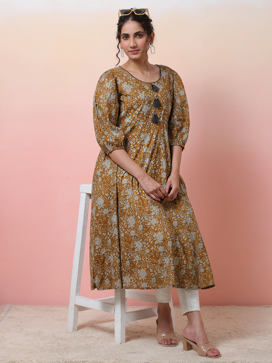 Mustard Floral Print Anarkali - Elganza