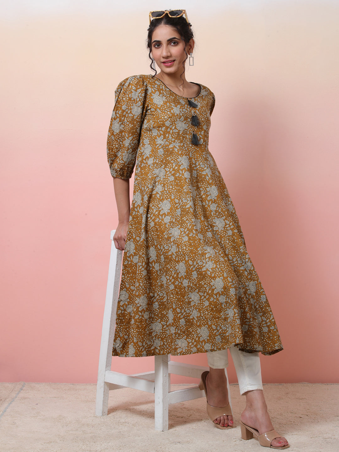 Mustard Floral Print Anarkali - Elganza