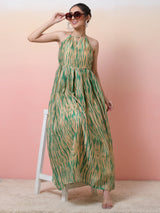 Cream & Green Shibori Print Flared Maxi Dress - Elganza