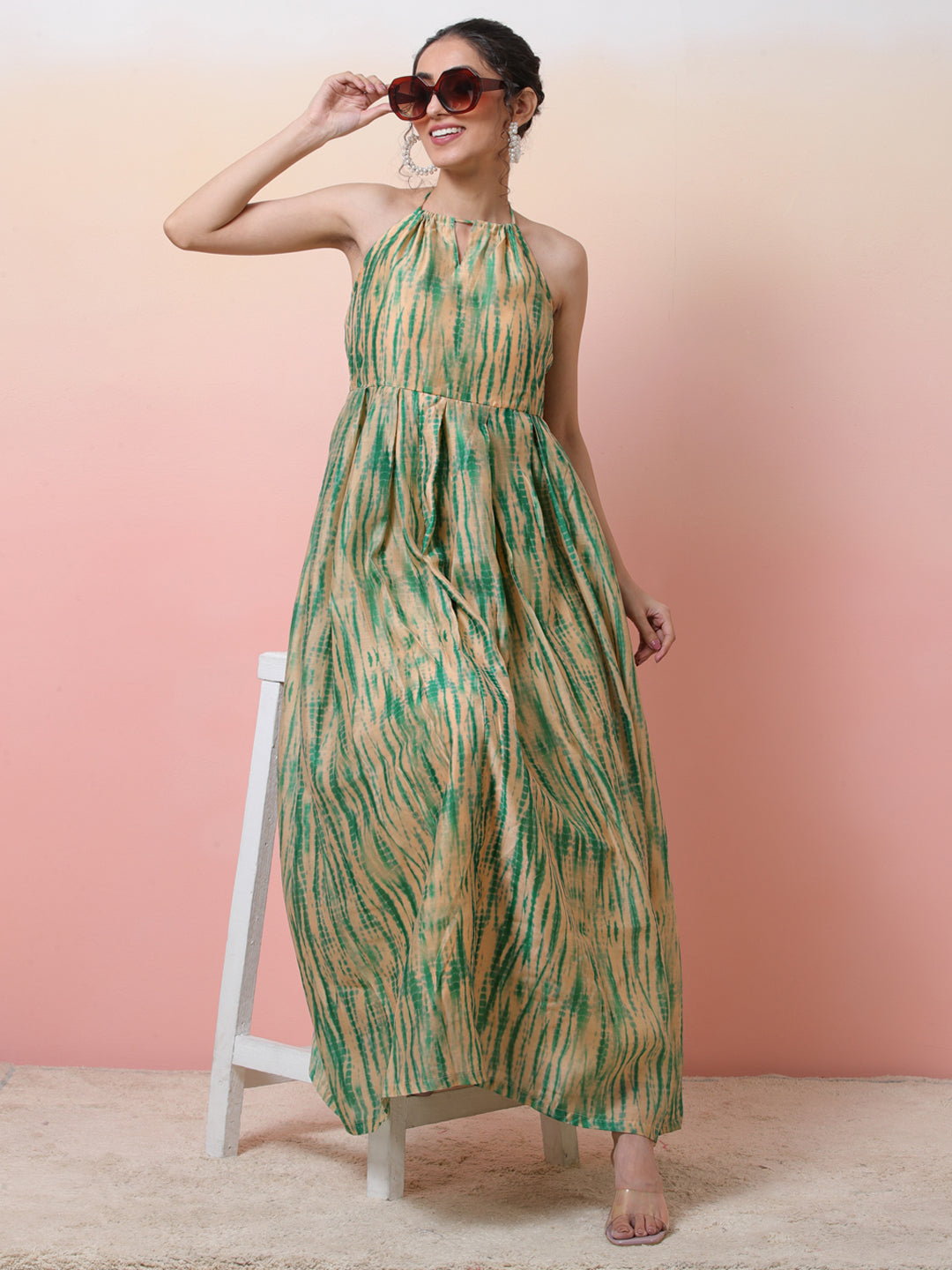 Cream & Green Shibori Print Flared Maxi Dress - Elganza