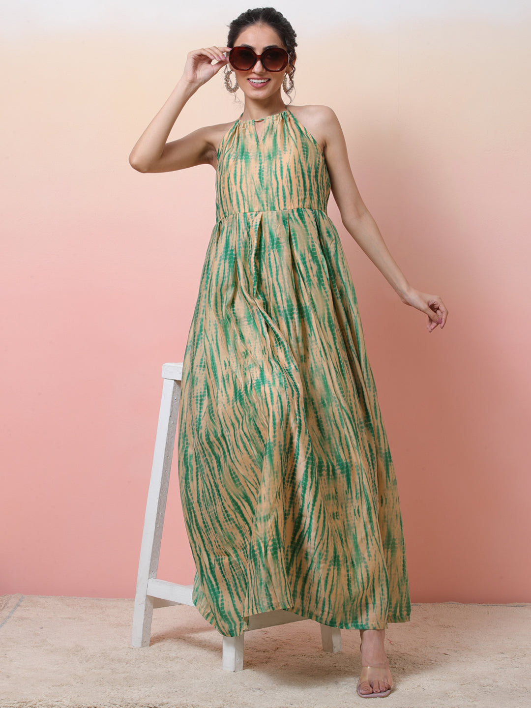 Cream & Green Shibori Print Flared Maxi Dress - Elganza
