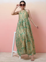 Cream & Green Shibori Print Flared Maxi Dress - Elganza
