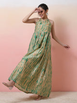 Cream & Green Shibori Print Flared Maxi Dress - Elganza