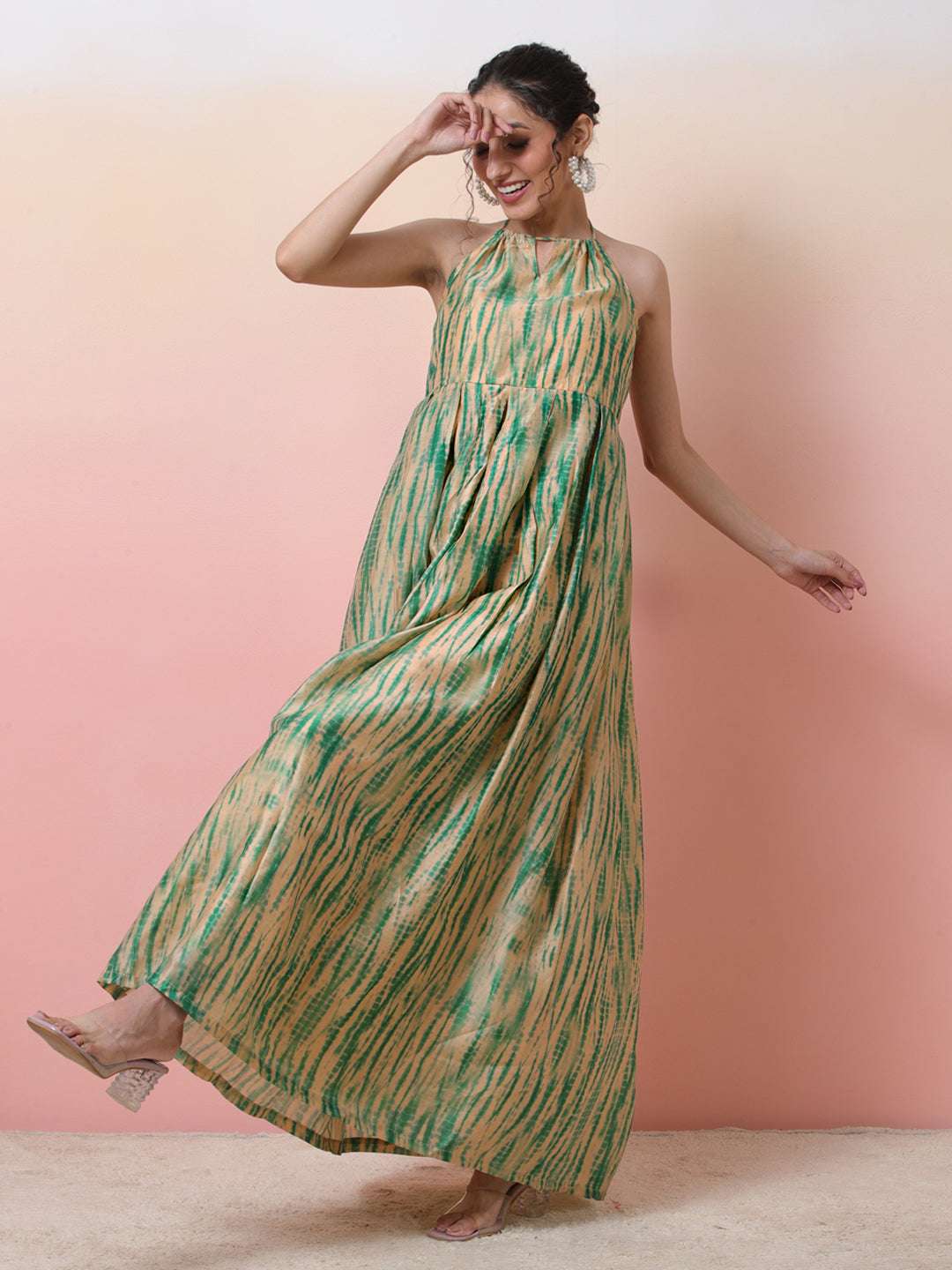 Cream & Green Shibori Print Flared Maxi Dress - Elganza