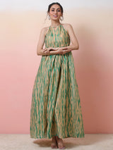 Cream & Green Shibori Print Flared Maxi Dress - Elganza