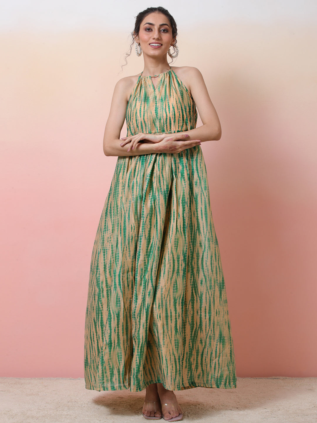 Cream & Green Shibori Print Flared Maxi Dress - Elganza