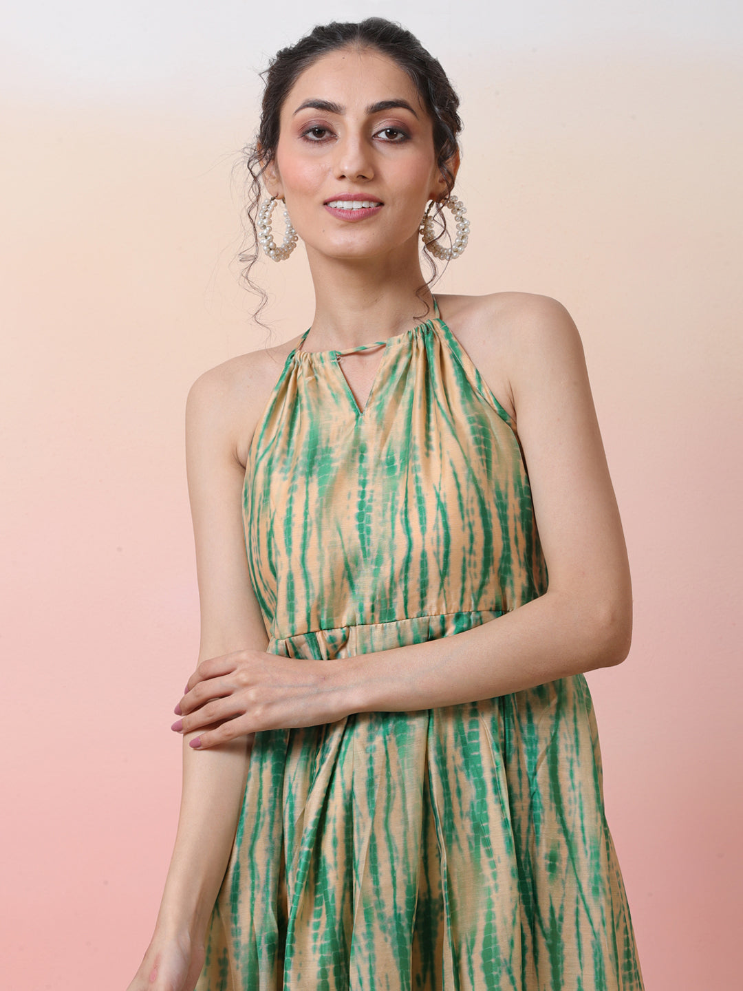 Cream & Green Shibori Print Flared Maxi Dress - Elganza
