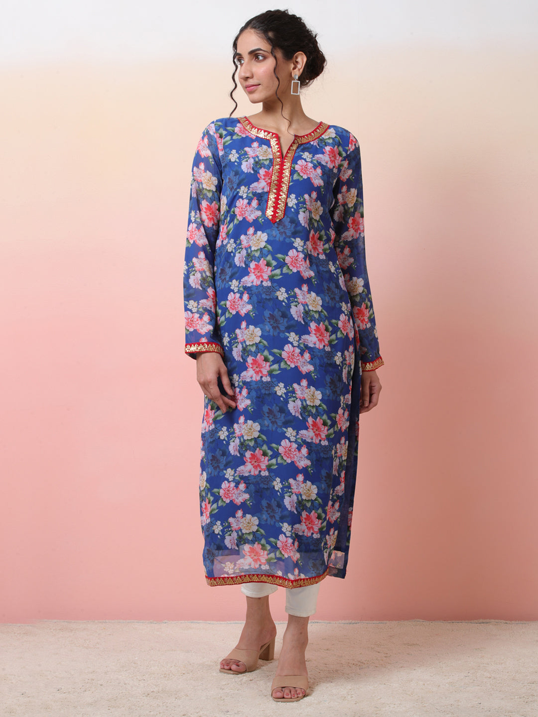 Blue Floral Print Kurta With Lace Details - Elganza