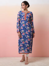 Blue Floral Print Kurta With Lace Details - Elganza