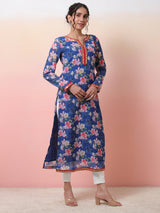 Blue Floral Print Kurta With Lace Details - Elganza