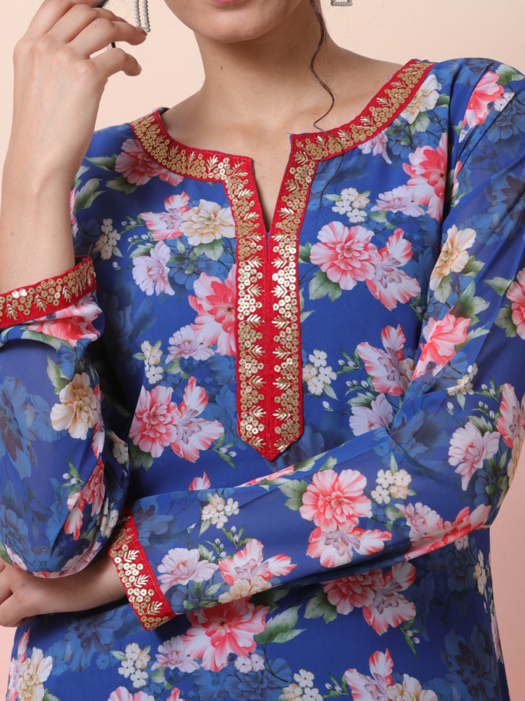 Blue Floral Print Kurta With Lace Details - Elganza