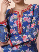 Blue Floral Print Kurta With Lace Details - Elganza