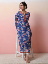Blue Floral Print Kurta With Lace Details - Elganza