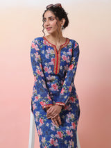 Blue Floral Print Kurta With Lace Details - Elganza