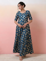 Blue Foil Print Anarkali - Elganza
