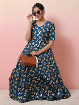 Blue Foil Print Anarkali - Elganza