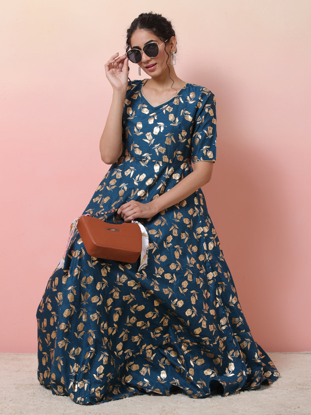 Blue Foil Print Anarkali - Elganza
