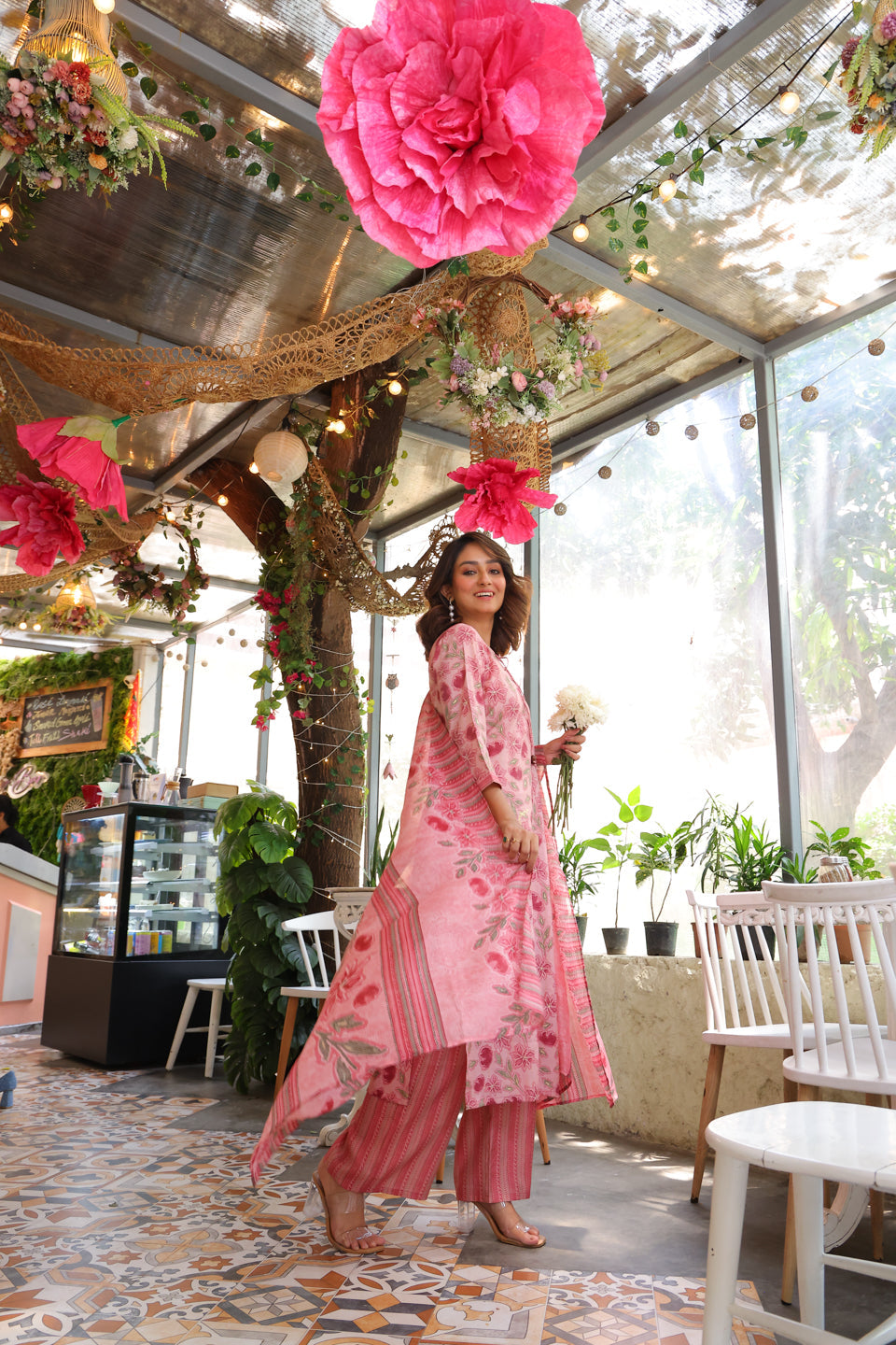 Blush Pink Kurta Set With Kota Doria Dupatta - Elganza