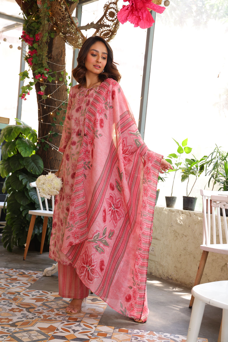Blush Pink Kurta Set With Kota Doria Dupatta - Elganza