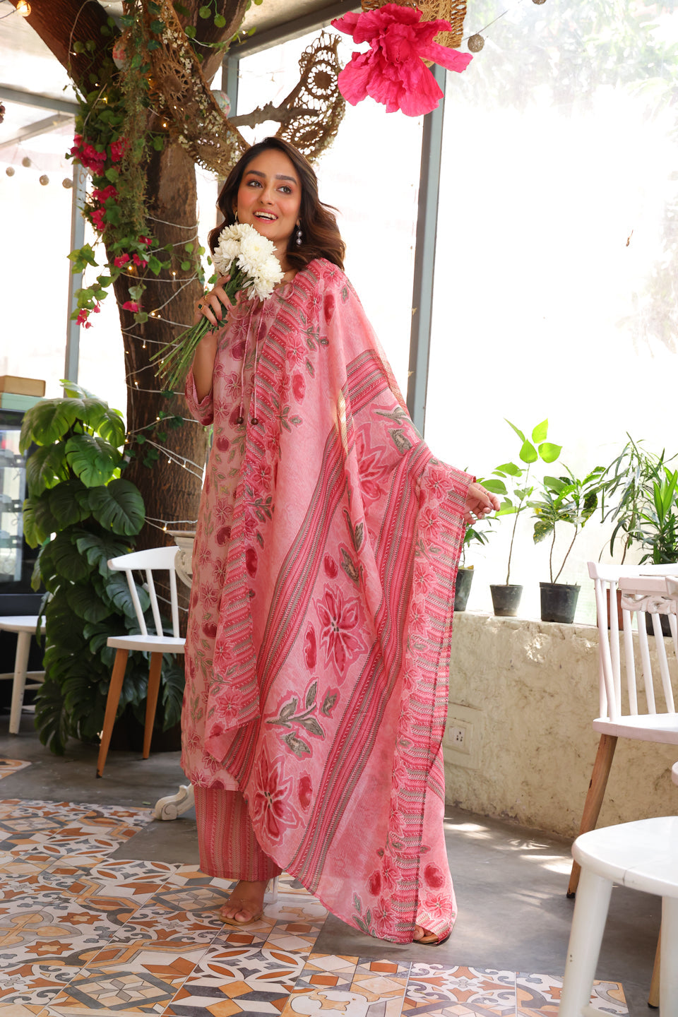 Blush Pink Kurta Set With Kota Doria Dupatta - Elganza