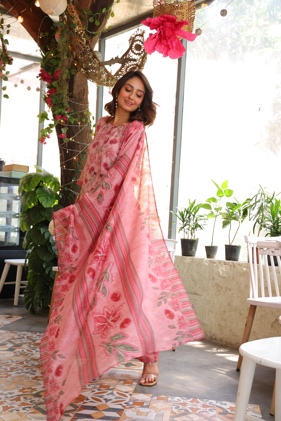 Blush Pink Kurta Set With Kota Doria Dupatta - Elganza