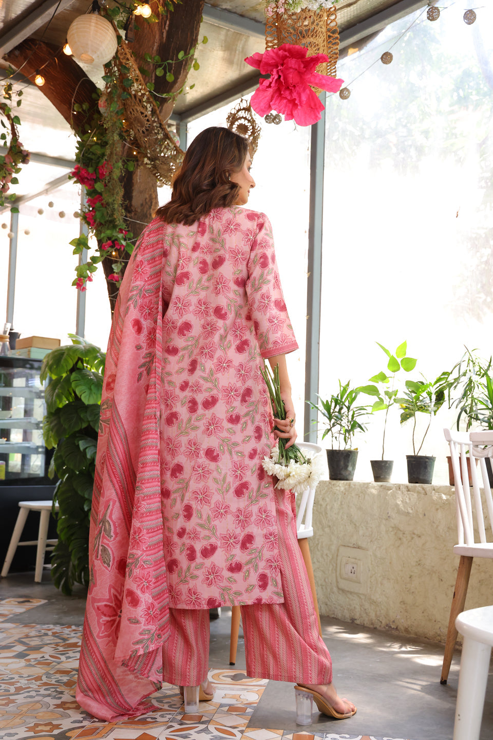 Blush Pink Kurta Set With Kota Doria Dupatta - Elganza