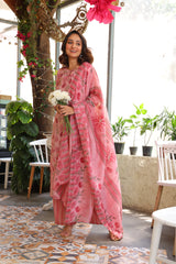 Blush Pink Kurta Set With Kota Doria Dupatta - Elganza