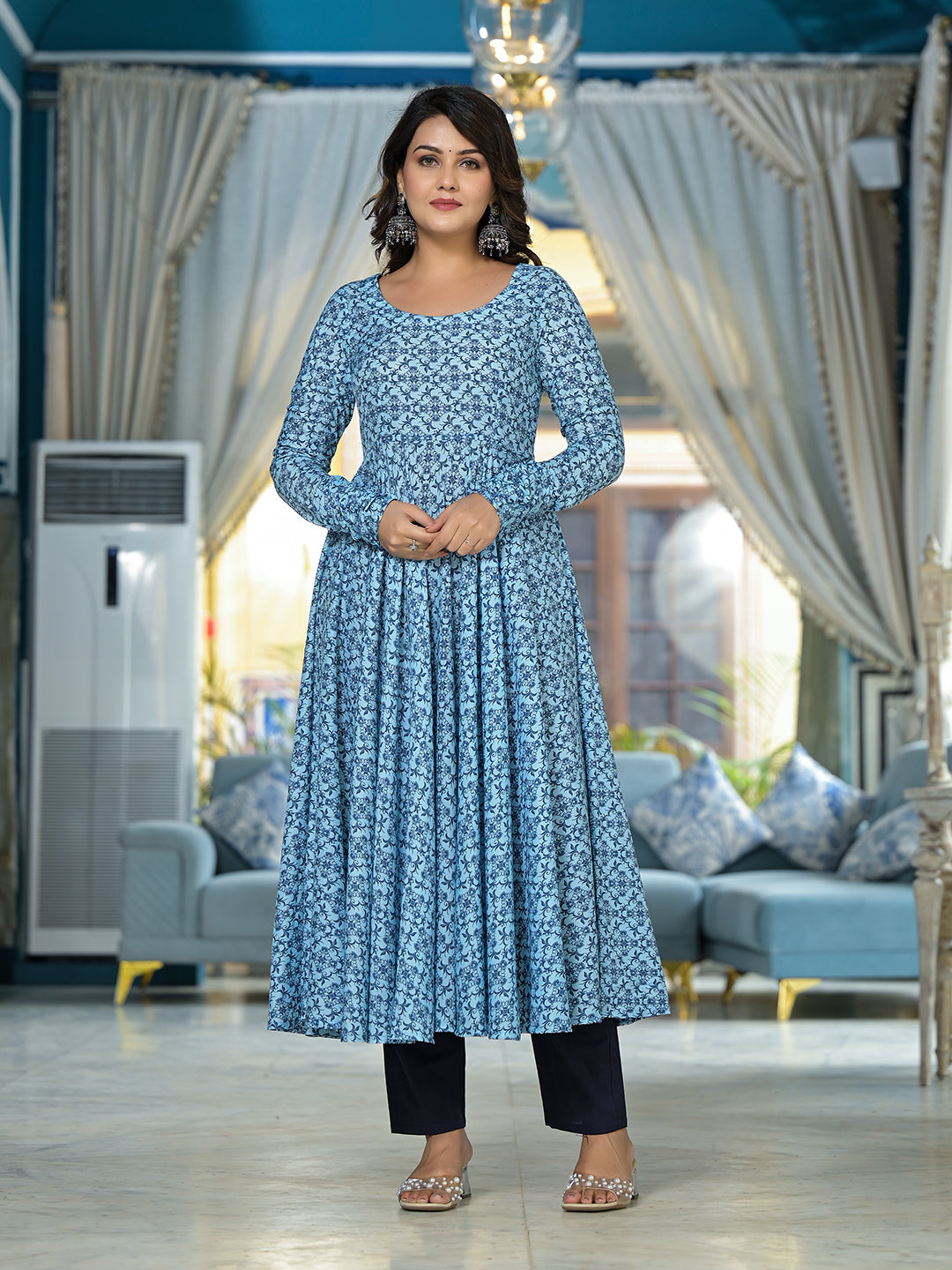 Icy Blue Mughal print Muslin Anarkali Suit with printed dupatta - Elganza