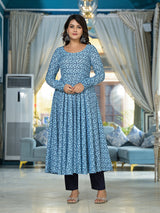 Icy Blue Mughal print Muslin Anarkali Suit with printed dupatta - Elganza