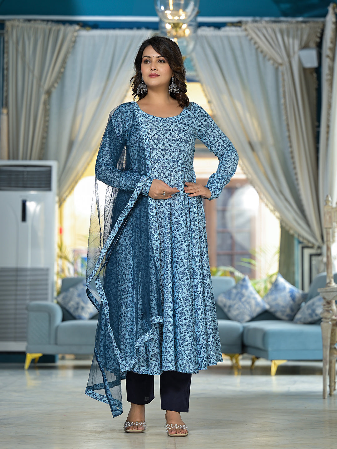 Icy Blue Mughal print Muslin Anarkali Suit with printed dupatta - Elganza