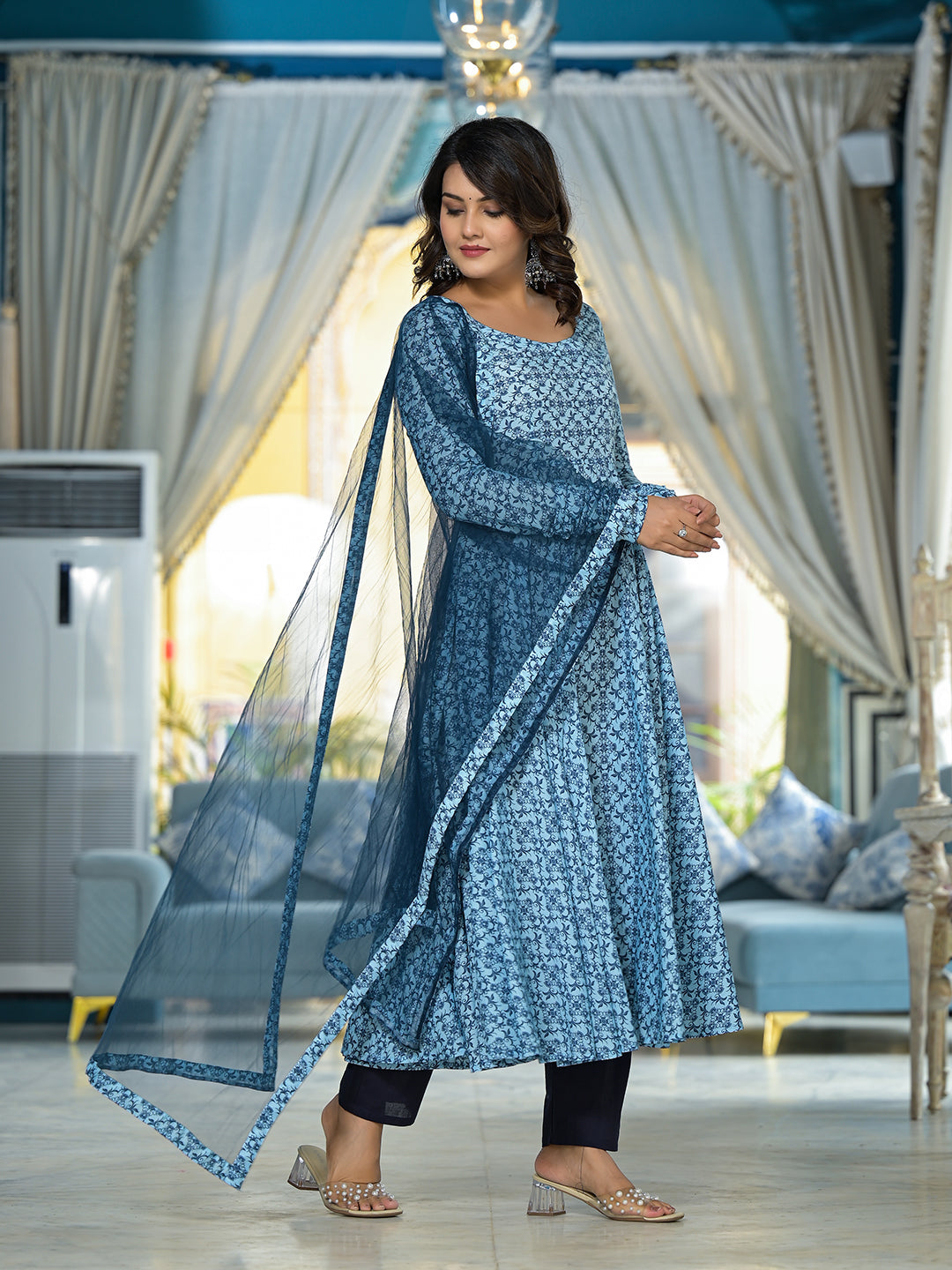 Icy Blue Mughal print Muslin Anarkali Suit with printed dupatta - Elganza