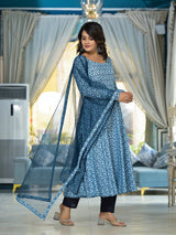Icy Blue Mughal print Muslin Anarkali Suit with printed dupatta - Elganza