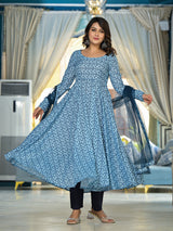 Icy Blue Mughal print Muslin Anarkali Suit with printed dupatta - Elganza