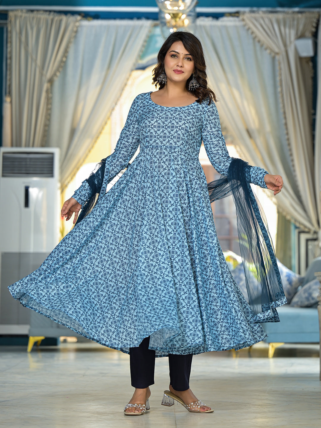Icy Blue Mughal print Muslin Anarkali Suit with printed dupatta - Elganza