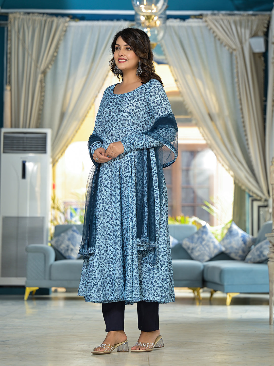 Icy Blue Mughal print Muslin Anarkali Suit with printed dupatta - Elganza