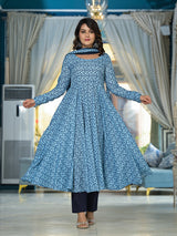 Icy Blue Mughal print Muslin Anarkali Suit with printed dupatta - Elganza