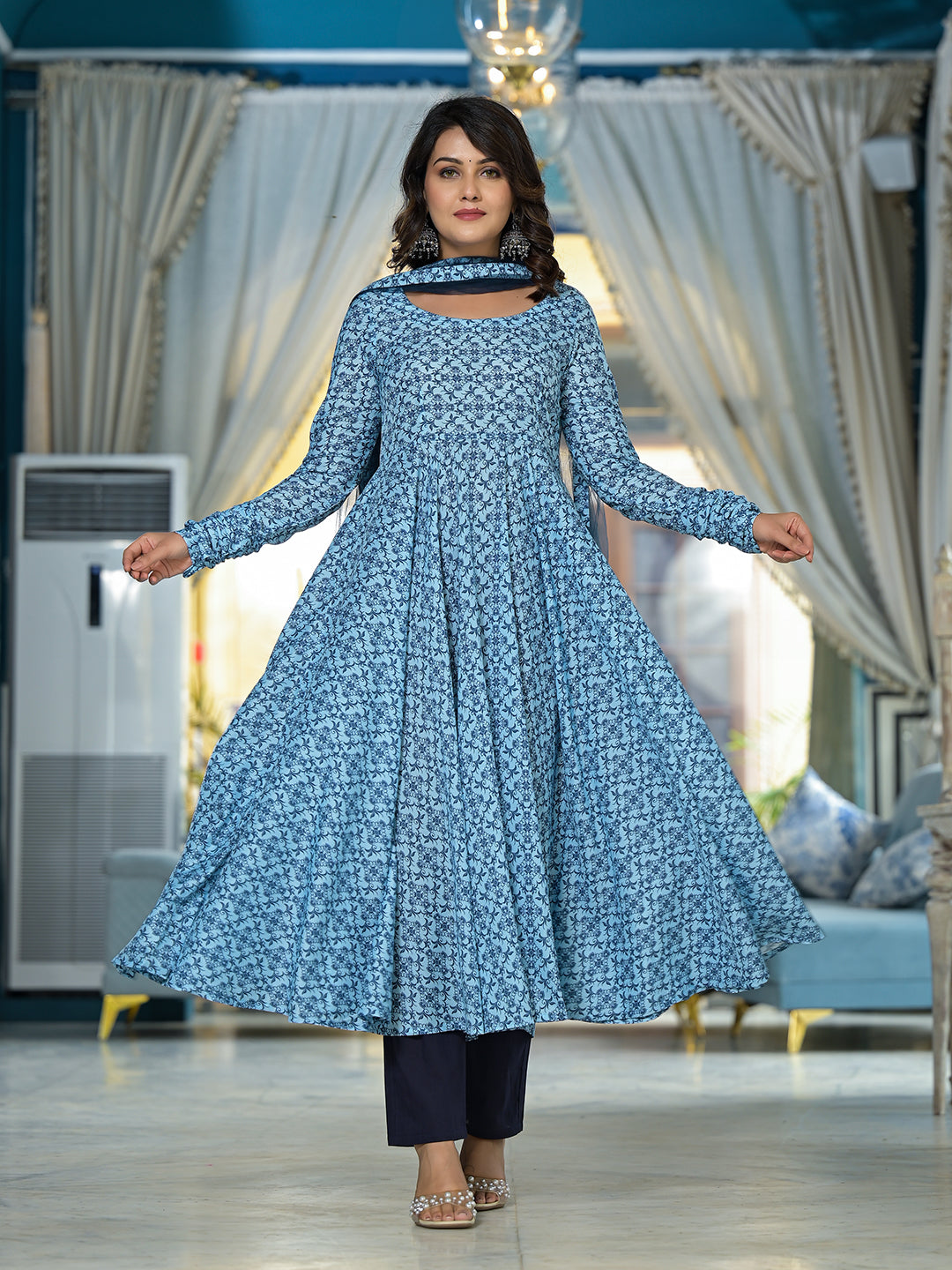 Icy Blue Mughal print Muslin Anarkali Suit with printed dupatta - Elganza