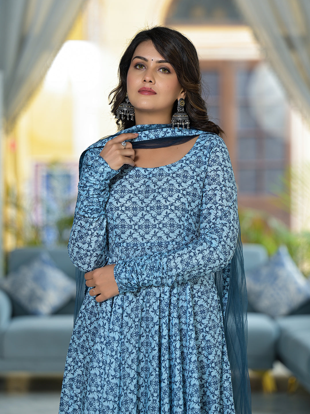 Icy Blue Mughal print Muslin Anarkali Suit with printed dupatta - Elganza