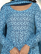 Icy Blue Mughal print Muslin Anarkali Suit with printed dupatta - Elganza