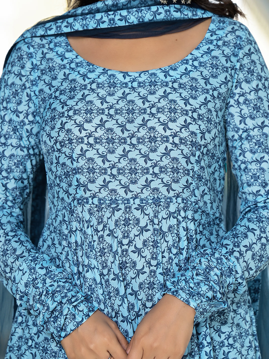 Icy Blue Mughal print Muslin Anarkali Suit with printed dupatta - Elganza