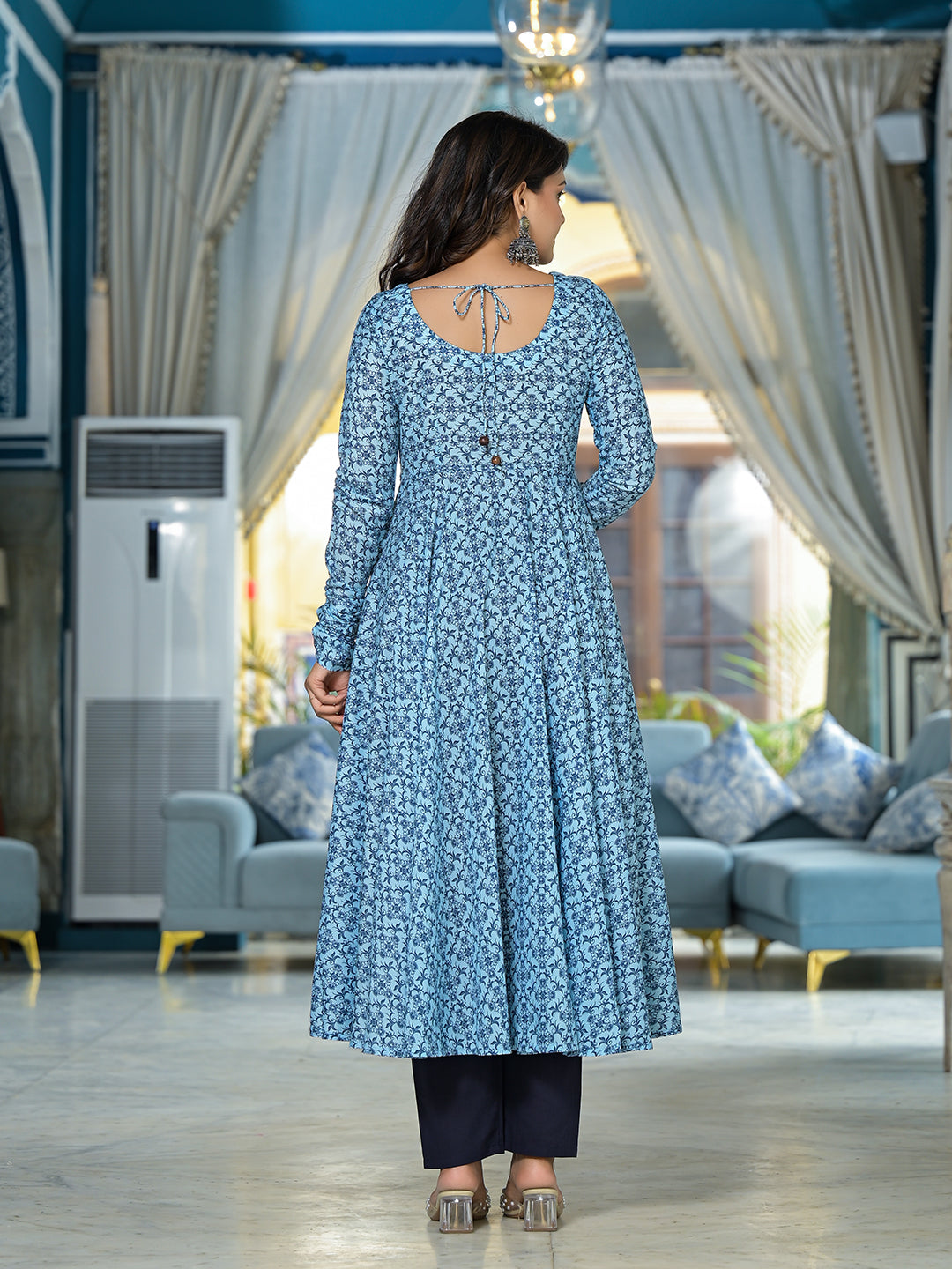 Icy Blue Mughal print Muslin Anarkali Suit with printed dupatta - Elganza